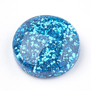 Resin Cabochons, with Glitter Powder, Flat Round, Deep Sky Blue, 13.5~14x4~6mm(CRES-S304-46E)