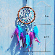 Woven Net/Web with Feather Suede Pendant Decoration, with Synthetic Turquoise Beads, Flat Round, Colorful, 11cm(HJEW-PW0001-034)