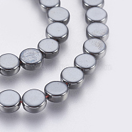 Non-magnetic Synthetic Hematite Bead Strand, Grade AA, Flat Round, Original Color, 6~6.5x2.5~3mm, Hole: 1mm, about 66pcs/strand, 15.86 inch(40.3cm)(G-E495-02A)