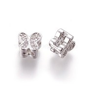 Brass Micro Pave Cubic Zirconia Slide Charms, Butterfly, Clear, Platinum, 7x8x5.5mm, Hole: 2x5mm(ZIRC-E161-36P)