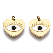 316 Surgical Stainless Steel Enamel Charms, with Jump Rings, Real 14K Gold Plated, Heart with Evil Eye, White, 9.5x10x1mm, Jump Ring: 2.7x0.4mm, 1.9mm inner diameter(STAS-S116-379A-G)