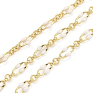 Brass Dapped Chains, with Enamel, Real 18K Gold Plated, Soldered, with Spool, Flat Oval, White, 9x3.5x1.5mm, about 32.81 Feet(10m)/Roll(CHS-K018-15G)