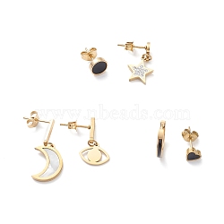 3 Pair 3 Style Synthetic Shell Moon & Rhinestone Star & Heart Asymmetrical Earrings, Ion Plating(IP) 304 Stainless Steel Dangle Stud Earrings for Women, Golden, 5.5~22mm, Pin: 1mm, 1 Pair/style(EJEW-B020-17G)