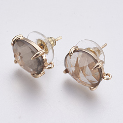 Faceted Glass Stud Earring Findings, with Loop, Light Gold Plated Brass Findings, Oval, Light Grey, 14x10x5mm, Hole: 1mm, Pin: 0.8mm(GLAA-F084-A06)