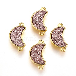 Brass Links connectors, with Druzy Resin, Moon, Golden, Rosy Brown, 18.5~19x10~10.5x3.5~4mm, Hole: 1mm(KK-O107-15G-K)