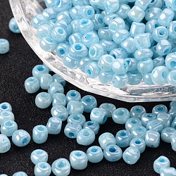 Glass Seed Beads, Ceylon, Round, Pale Turquoise, 4mm, Hole: 1.5mm, about 4500pcs/pound(SEED-A011-4mm-143)