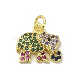 Real 18K Gold Plated Brass Pave Cubic Zirconia Pendants, with Jump Rings, Elephant, Colorful, 13x14x3mm, Hole: 3mm(KK-M283-02B-02)