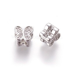 Brass Micro Pave Cubic Zirconia Slide Charms, Butterfly, Clear, Platinum, 7x8x5.5mm, Hole: 2x5mm(ZIRC-E161-36P)
