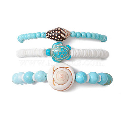 3Pcs 3 Styles Summer Beach Turtle Dyed Synthetic Turquoise & Shell Bead Bracelet Sets, Round Dyed Natural Magnesite & Disc Sea Shell Beaded Stretch Stackable Bracelets for Women, Inner Diameter: 2~2-1/8 inch(4.95~5.4cm), 1pc/style(BJEW-JB10313)