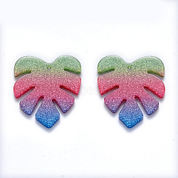 Cellulose Acetate(Resin) Pendants, Tropical Leaf Charms, with Glitter Powder, Rainbow Gradient Mermaid, Monstera Leaf, Colorful, 28.5x25x2mm, Hole: 1.2mm(KY-S161-006A)