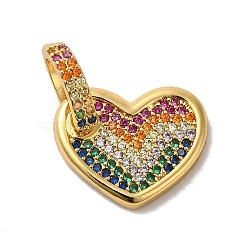 Rack Plating Brass Micro Pave Cubic Zirconia Pendants, Long-Lasting Plated, Lead Free & Cadmium Free, Colorful Heart Charm, Real 18K Gold Plated, 22mm, Hole: 7.5x5mm, Pendant: 13x16.5x2mm(X-KK-K377-75G)