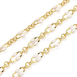 Ion Plating(IP) Brass Dapped Chains, with Enamel, Real 18K Gold Plated, Soldered, with Spool, Flat Oval, White, 9x3.5x1.5mm, about 32.81 Feet(10m)/Roll(CHS-K018-15G)