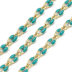 Ion Plating(IP) Brass Dapped Chains, Cable Chains with Enamel, Real 18K Gold Plated, Soldered, with Spool, Flat Oval, Turquoise, 7x3x1.3mm, about 32.81 Feet(10m)/Roll(CHS-K018-14A-16)