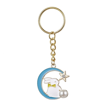 Moon with Rabbit Alloy Enamel Pendant Keychain, with Iron Split Key Rings, Rabbit, 8.6cm