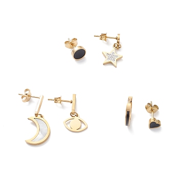 3 Pair 3 Style Synthetic Shell Moon & Rhinestone Star & Heart Asymmetrical Earrings, Ion Plating(IP) 304 Stainless Steel Dangle Stud Earrings for Women, Golden, 5.5~22mm, Pin: 1mm, 1 Pair/style