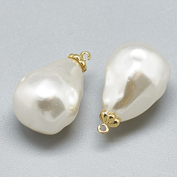 ABS Plastic Imitation Pearl Pendants, with Brass Findings, teardrop, Real 18K Gold Plated, Creamy White, 21.5x14x14mm, Hole: 0.5mm