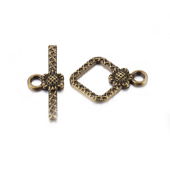 Tibetan Style Toggle Clasps, Lead Free & Cadmium Free & Nickel Free, Rhombus, Antique Bronze Color, Size: Rhombus: about 21mm long, 15mm wide, 2mm thick, Bar: 24mm long, 10mm wide, 2mm thick, hole: 2mm