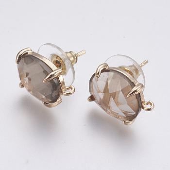 Faceted Glass Stud Earring Findings, with Loop, Light Gold Plated Brass Findings, Oval, Light Grey, 14x10x5mm, Hole: 1mm, Pin: 0.8mm