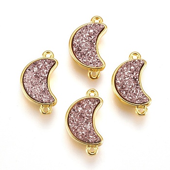 Brass Links connectors, with Druzy Resin, Moon, Golden, Rosy Brown, 18.5~19x10~10.5x3.5~4mm, Hole: 1mm
