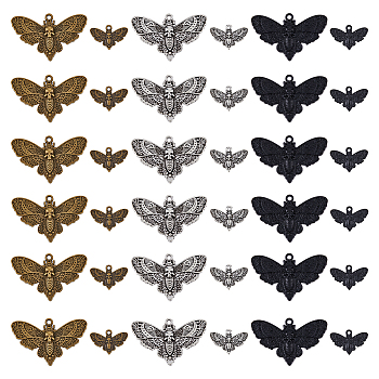 36Pcs 6 Style Alloy Pendants, Moth with Skull, Mixed Color, 13.5~27x20~43x2~3mm, Hole: 1.4~2.3mm, 6pcs/style