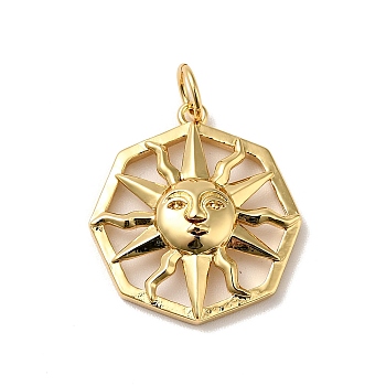 Rack Plating Brass Pendants, with Jump Ring, Cadmium Free & Nickel Free & Lead Free, Octagon with Sun, Real 18K Gold Plated, 19.5x17.5x4mm, Hole: 3.6mm