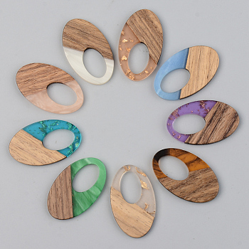 Resin & Walnut Wood Pendants, Oval, Mixed Color, 35.5x21.5x3mm, Hole: 16x10mm