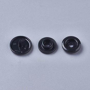 Resin Snap Fasteners, Raincoat Buttons, Flat Round, Black, Cap: 12x6.5mm, Pin: 2mm, Stud: 10.5x3.5mm, Hole: 2mm, Socket: 10.5x3mm, Hole: 2mm