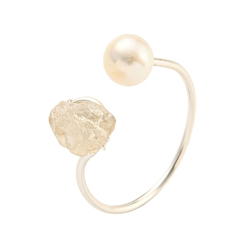 Brass Open Cuff Rings, with Yellow Quartz, Pearl, Jewely for Women, Platinum, Inner Diameter: 18mm