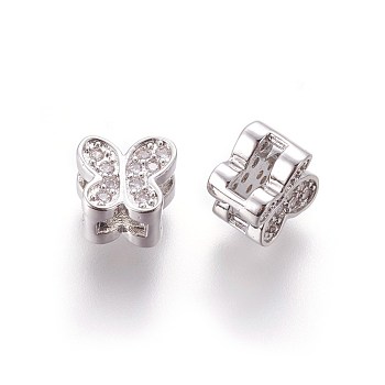 Brass Micro Pave Cubic Zirconia Slide Charms, Butterfly, Clear, Platinum, 7x8x5.5mm, Hole: 2x5mm