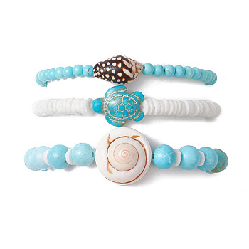 3Pcs 3 Styles Summer Beach Turtle Dyed Synthetic Turquoise & Shell Bead Bracelet Sets, Round Dyed Natural Magnesite & Disc Sea Shell Beaded Stretch Stackable Bracelets for Women, Inner Diameter: 2~2-1/8 inch(4.95~5.4cm), 1pc/style
