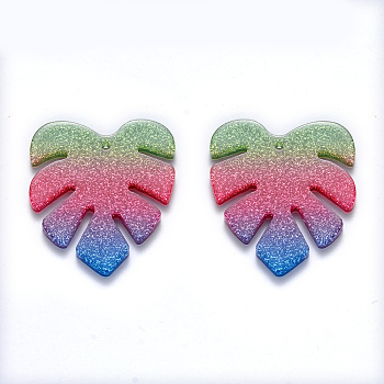 Cellulose Acetate(Resin) Pendants, Tropical Leaf Charms, with Glitter Powder, Rainbow Gradient Mermaid, Monstera Leaf, Colorful, 28.5x25x2mm, Hole: 1.2mm