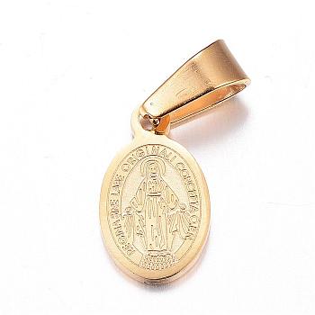 304 Stainless Steel Charms, Oval, with Virgin Mary, Golden, 13.5x8x1.5mm, Hole: 4x6.5mm