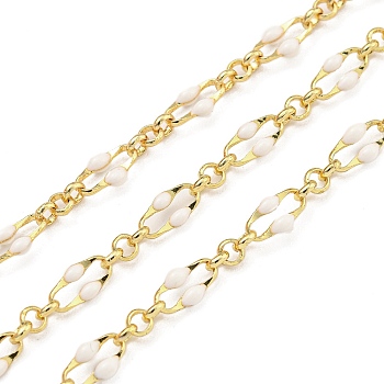 Brass Dapped Chains, with Enamel, Real 18K Gold Plated, Soldered, with Spool, Flat Oval, White, 9x3.5x1.5mm, about 32.81 Feet(10m)/Roll
