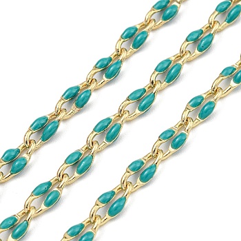 Ion Plating(IP) Brass Dapped Chains, Cable Chains with Enamel, Real 18K Gold Plated, Soldered, with Spool, Flat Oval, Turquoise, 7x3x1.3mm, about 32.81 Feet(10m)/Roll