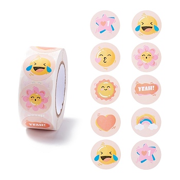 Cartoon Expression Paper Stickers, Self Adhesive Roll Sticker Labels, for Envelopes, Bubble Mailers and Bags, Flat Round, Mixed Color, 2.5x0.01cm, 500pcs/roll