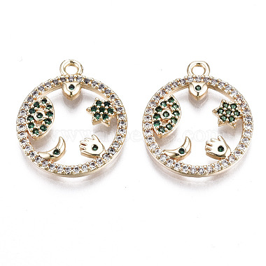 Light Gold Green Flat Round Brass+Cubic Zirconia Pendants