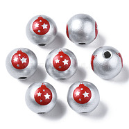 Painted Natural Wood European Beads, Large Hole Beads, Printed, Christmas, Round, Silver, 16x15mm, Hole: 4mm(WOOD-S057-041B)