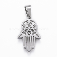 Tarnish Resistant 304 Stainless Steel Pendants, Hamsa Hand/Hand of Fatima/Hand of Miriam, Stainless Steel Color, 22x14x2mm, Hole: 5x7mm(STAS-G155-88P)