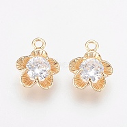 Brass Micro Pave Cubic Zirconia Charms, Nickel Free, Flower, Clear, Real 18K Gold Plated, 14x10.5x4.5mm, Hole: 1.6mm(KK-F759-11G-NF)