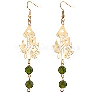 Hollow Mushroom Alloy Dangle Earrings, Natural Green Lodolite Quartz Beads Earrings Jewelry Gift for Women, Golden, 90x23.5mm, Pin: 0.8mm(JE981A)