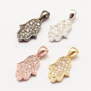Brass Micro Pave Grade AAA Cubic Zirconia Charms, Long-Lasting Plated, Hamsa Hand/Hand of Fatima/Hand of Miriam, Cadmium Free & Nickel Free & Lead Free, Mixed Color, 14x9x2mm, Hole: 3x4mm(ZIRC-G090-42-NR)