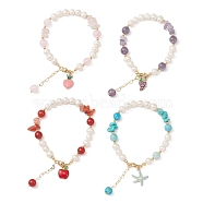 4Pcs 4 Style Grape & Apple & Peach & Starfish Alloy Enamel Charm Bracelets Set, Natural & Synthetic Mixed Stone Chips & Natural Shell Beaded Stackable Bracelets, Mixed Color, 7-5/8~7-3/4 inch(19.3~19.8cm), 1Pc/style(BJEW-TA00287)