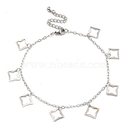 Non-Tarnish 304 Stainless Steel Cable Chain Hollow Charm Bracelets, Stainless Steel Color, Square, 8-7/8 inch(22.6cm), Square: 13x13mm(BJEW-P334-10B-P)