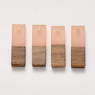 Transparent Resin & Walnut Wood Pendants, Waxed, Rectangle, Pink, 20x6.5x3~4mm, Hole: 1.8mm(X-RESI-S358-79B-B05)