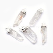 Natural Quartz Crystal Pointed Pendants, Rock Crystal Pendants, with Silver Color Plated Brass Finding, Nuggets, 20~52x5~14x6~12mm, Hole: 2.5mm(G-F582-H01-S)