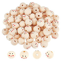 GOMAKERER 80Pcs Printed Wood European Beads, Large Hole Round Beads with Smiling Face Pattern, Undyed, Bisque, 20x17.5mm, Hole: 4.7mm(WOOD-GO0001-06)