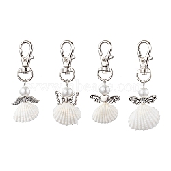 Angel Spiral Shell Pendant Decooration, Glass Pearl Round Bead & Alloy Swivel Lobster Claw Clasps Charms for Bag Ornaments, Antique Silver, 61.5~66mm, 4pcs/set(HJEW-JM01964)