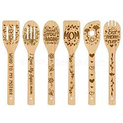 6Pcs Bamboo Spoons & Knifes & Forks, Flatware for Dessert, Word, 60x300mm, 6 style, 1pc/style, 6pcs/set(AJEW-WH0411-006)