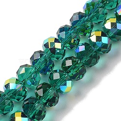 AB Color Plated Transparent Electroplate Beads Strands, Faceted, Round, Teal, 7.5x6mm, Hole: 1mm, about 80~83pcs/strand, 18.31~19.88''(46.5~50.5cm)(EGLA-H104-06K)