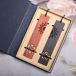 Rectangle Handmade Natural Wooden Carving Bookmarks, Chinese Style Book Mark Gift for Book Lovers, Teachers, Reader, Flower Pattern, 143x28x2mm, 2pcs/set(OFST-PW0006-22Q)